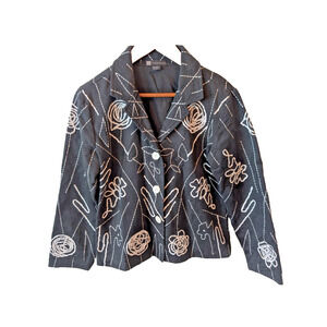 Casual Studio Jacket Womens Sz Small Black White Button Up Embroidered Jacquard